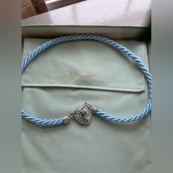 NOS Judith Ripka Silver/Blue Cord Necklace With Blue Topaz & Original Cloth/Box - Picture 3 of 5
